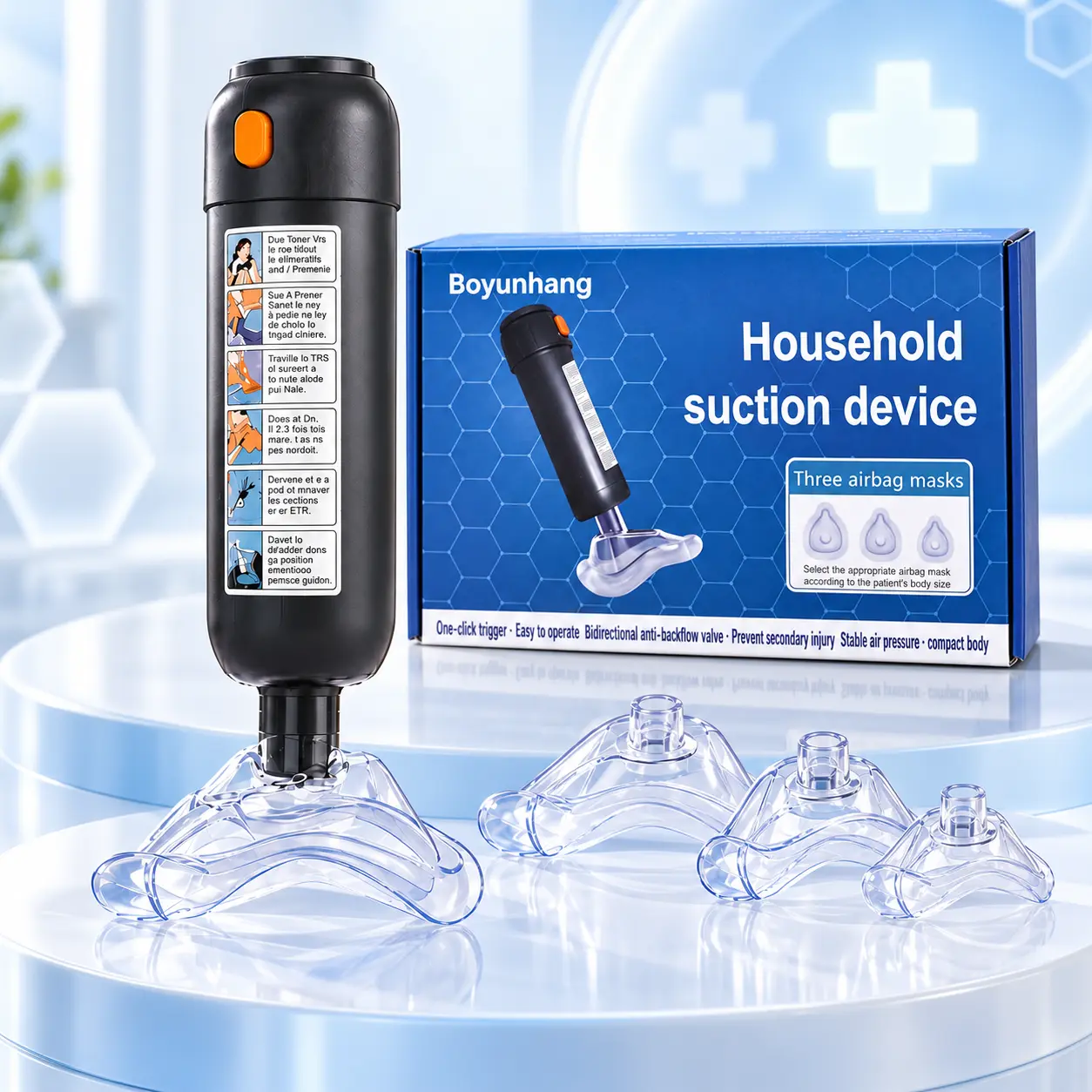 Household Suction Device with 3 Size Masks, Portable Manual Suction Tool, One-Click Trigger, Anti-Backflow Valve, Home Emergency Preparedness