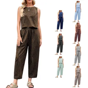 Czanzd Womens Cotton Gingham 2 Piece Outfit Summer Tank Top Pants Matching Casual Beach Lounge Set