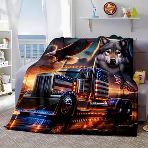 Flannel Blanket with Eagle & Wolf Truck Design - Soft, Warm, and Reversible for Bed, Sofa, Camping | Machine Washable | Multiple big fluffy blanket cooling blanket heated blankets