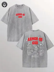 Vintage Washed Gray 100% Cotton Double Sided Armor Of God Full Spiritual Armor Line Art Christian Graphic T-Shirt, Ephesians Faith Armor Scripture Print Oversize Crew Neck Short Sleeve Unisex Religious Casual Tee