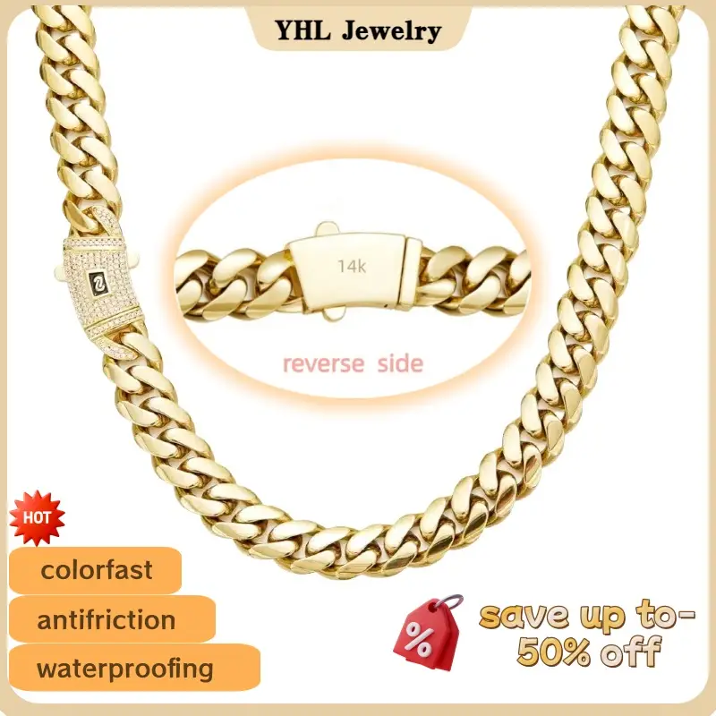 YHL Mens/Women Light Golden(14k) Cuban Link Necklace Stainless Steel Miami Thick Necklace Hip Hop Jewelry 6/8/10/12/14MM chain bling real chain neckl