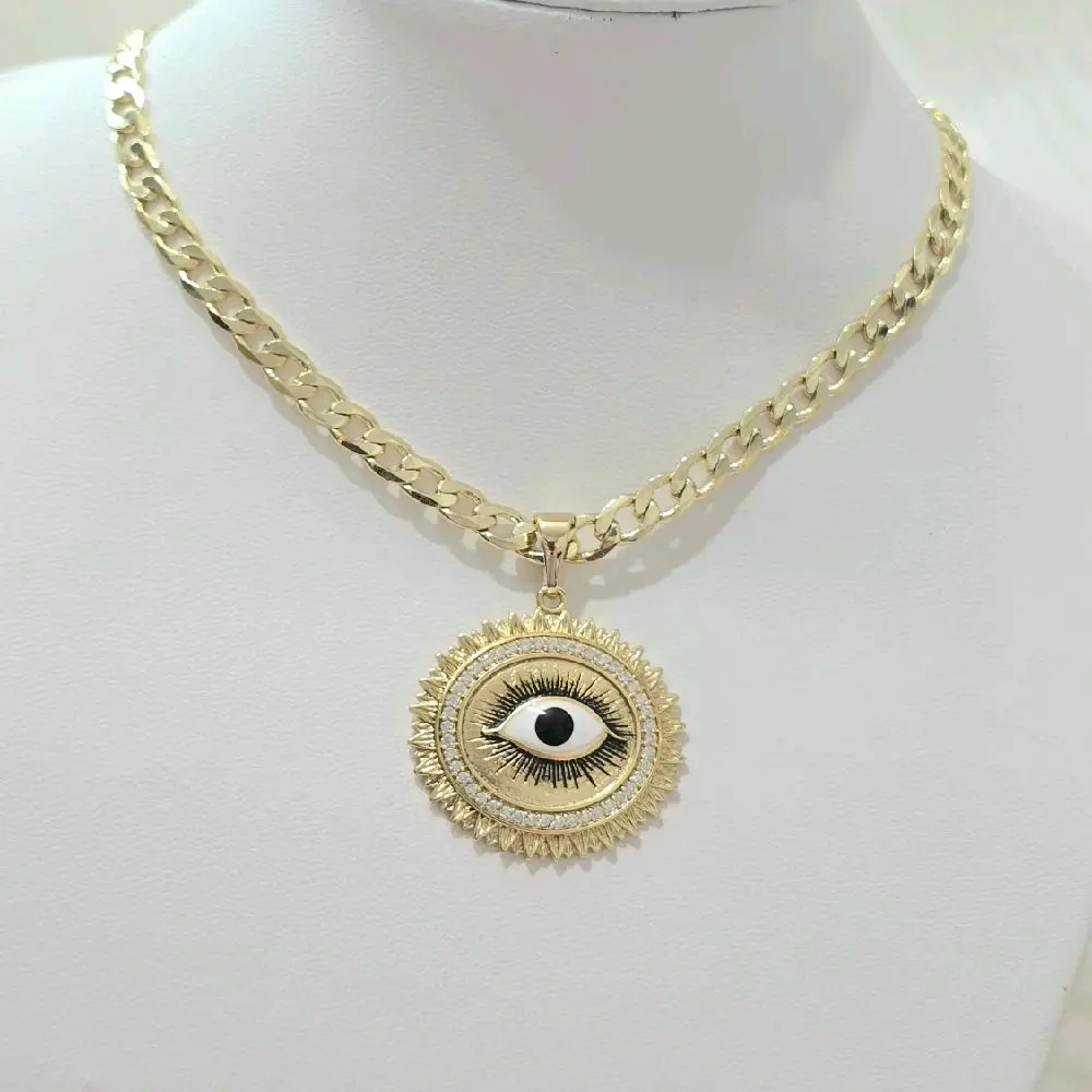 5mmx20inch Cadena cubana martillada con dije redondo de sol con ojo..Laminado de alta calidad
