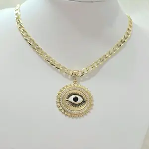 5mmx20inch Cadena cubana martillada con dije redondo de sol con ojo..Laminado de alta calidad