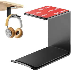 Headphone Stand Hanger,Headset Holder Mount,Aluminum Hook with Strong Adhesive Tape for Headphones (H02-Black-1PCS)