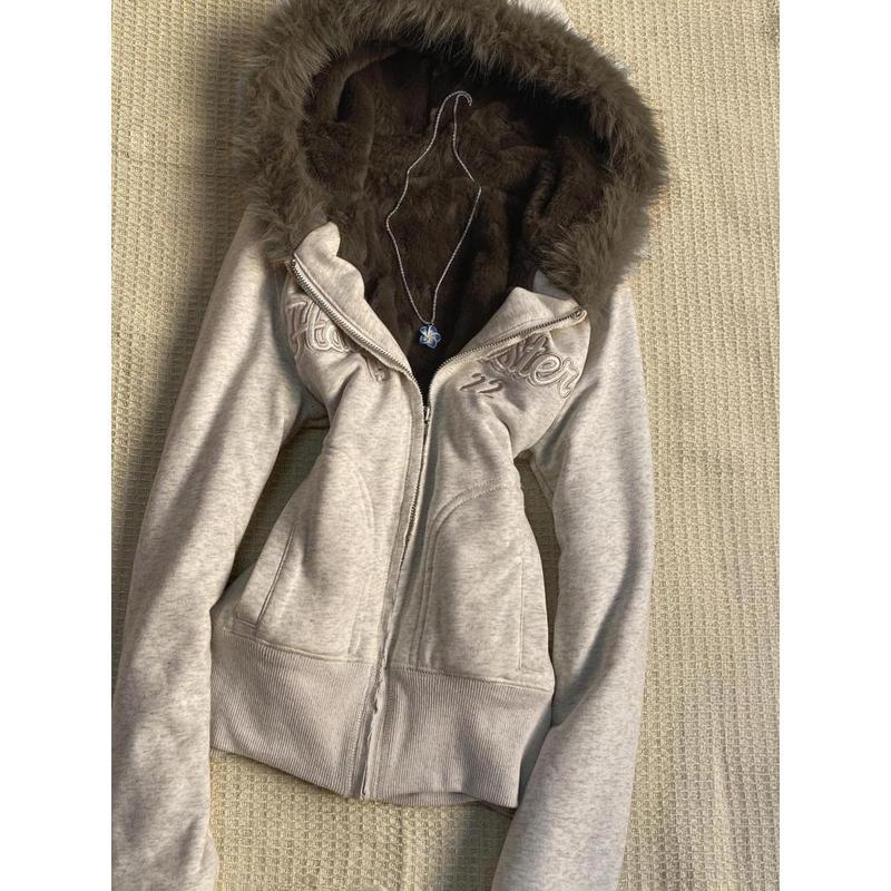 Y2k Aesthetic Vintage Fur Patchwork Hoodies Autumn Grunge Letter Embroidery Hoody Streetwear Cropped Zipper Sweatshirt Jackets