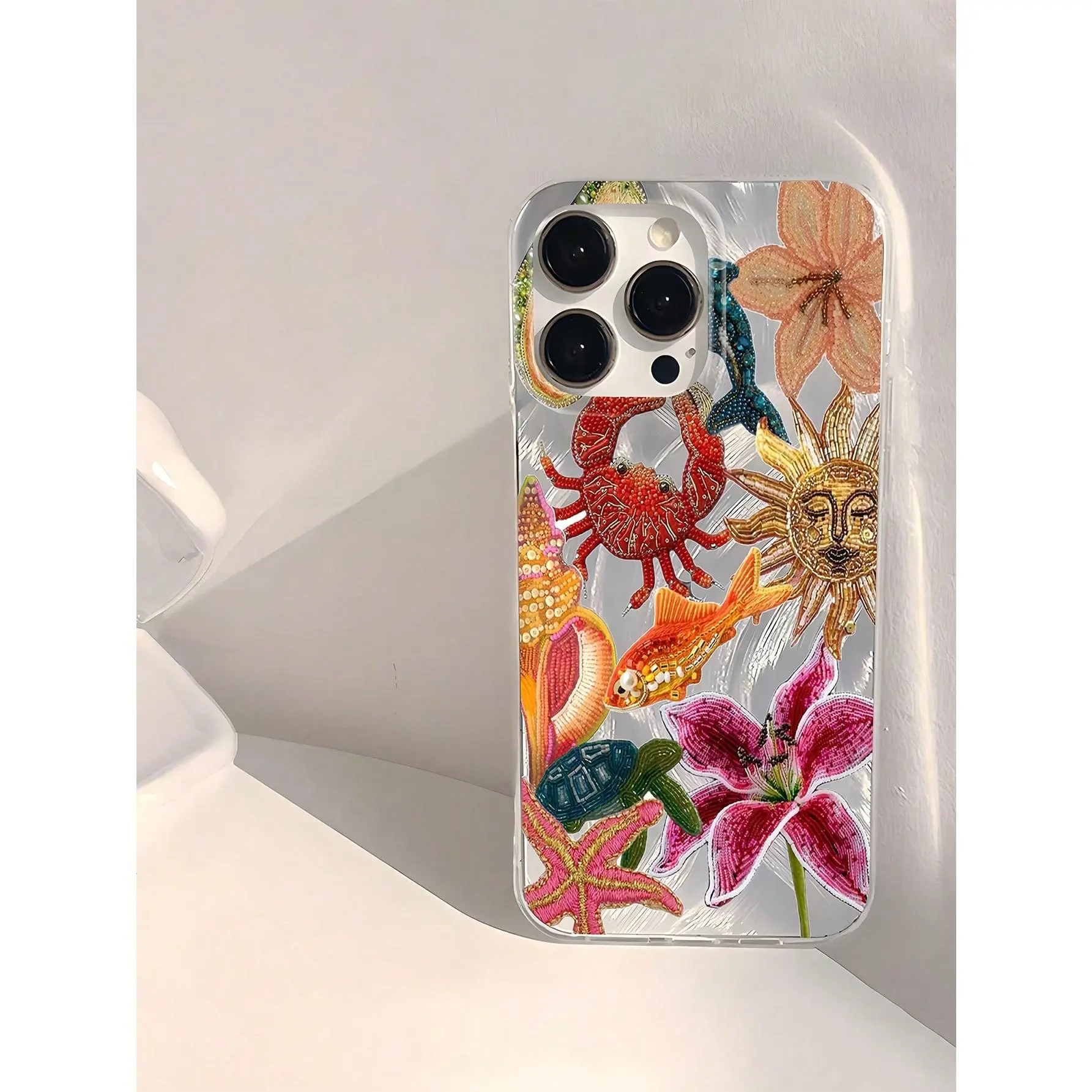 Minimalist TPU Marine Elements Shockproof 1pc Feather & Pearl Embroidered Palm Tree & Lobster Phone Case, Compatible With Apple 17, 16, 15, 14, 13, 12, 11 Pro Max, Air, And Series, International Version, Not The Domestic Version Spring