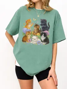 [ SALE UP TO 43% ] Cute Kitten Graphic T-Shirt, Vintage Cat Lover Comfort Colors Tee, Aesthetic Cottagecore Floral Top
