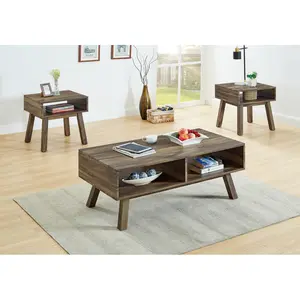 3PC Coffee Table Set Coffee Table and 2 End Tables Wood Grain Finish Built-In Storage Shelf Contemporary Living Room Home Brown On-Site