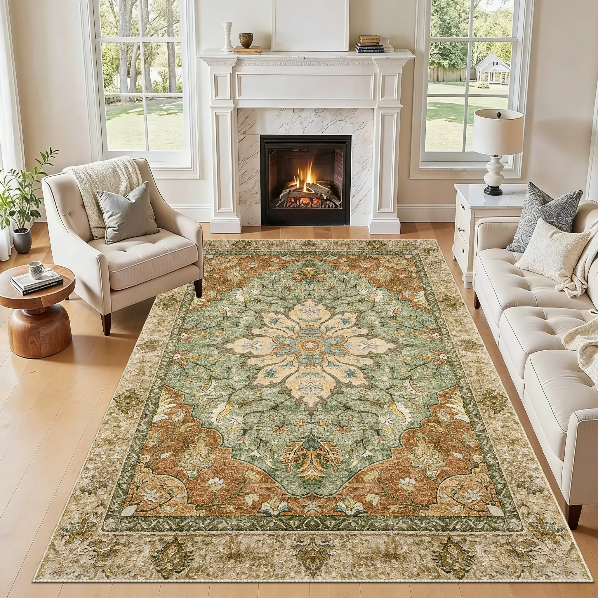 Soft Area Rug 5'x7' - Vintage Floral Distress Medallion Design, Washable, Water Resistant, Stays Put Grip, Indoor Use for Living Room, Bedroom, Available in Brick Red, Rust, Neutral Brown, Burnt Orange, Green (Living Room Decor), Vintage Design Rug, Singl