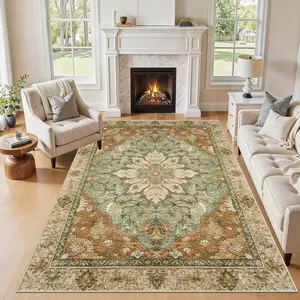 Area Rugs 5'x7' Washable Non-Slip, Floral Vintage Distress Print Pattern Medallion Carpet for Living Room Bedroom Dining Room, Brick Red Rust Neutral Brown Burnt Orange Green