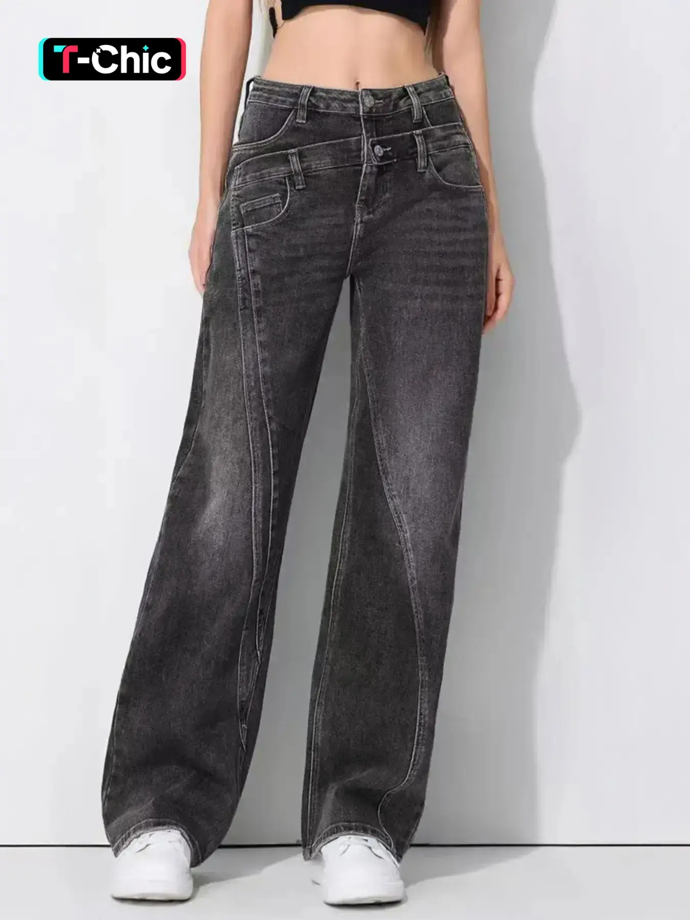 KatchMe Women's Street Chic High Waist Patchwork Wide Leg Denim Jeans Streetwear Pants