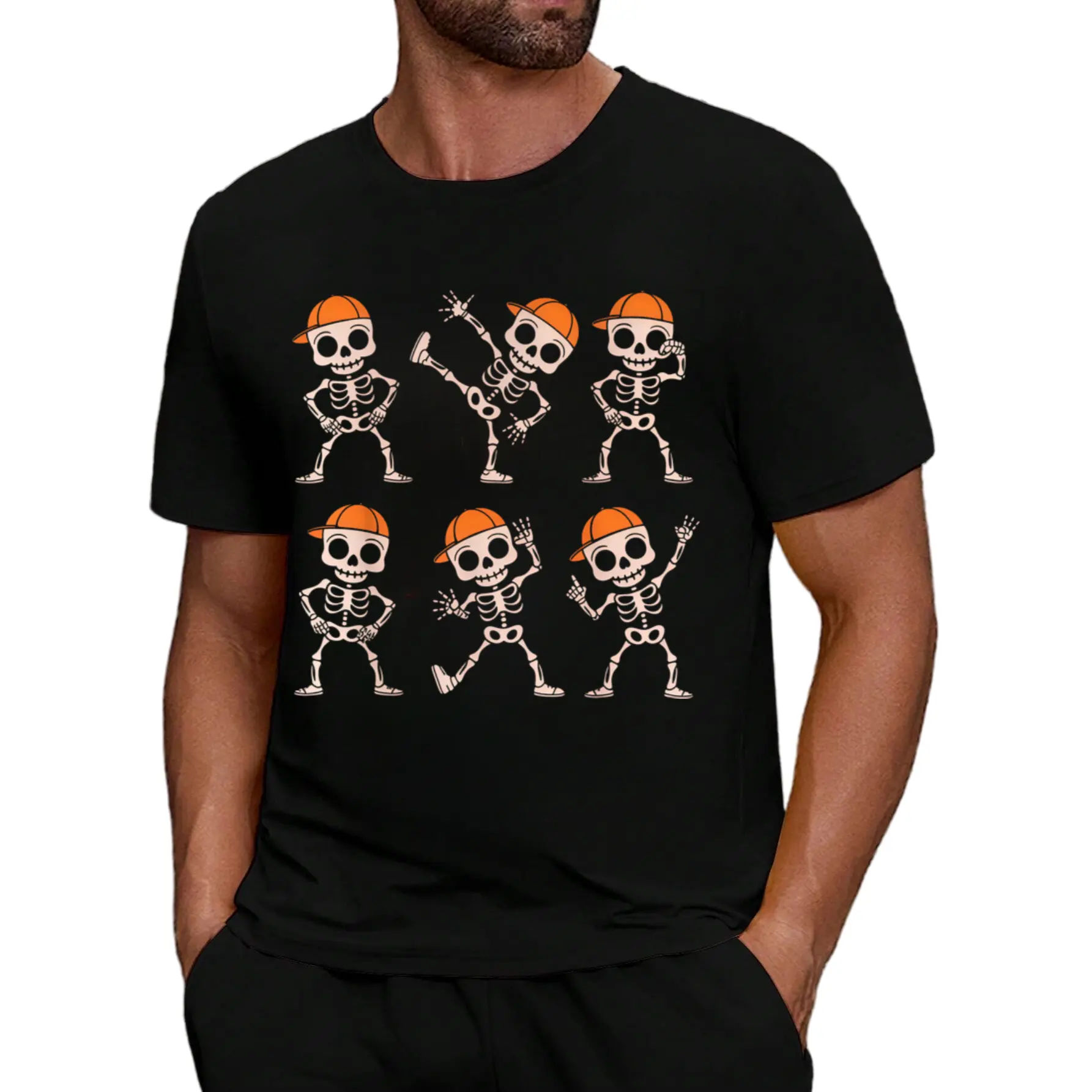 Men's Funny Dancing Skeletons Halloween TShirt  Short Sleeve Crew Neck Tee with Dancing Poses Casual Party Outfit Costume Accessory Machine Washable GiftRetro Casual Crew Neck Printed T-Shirt