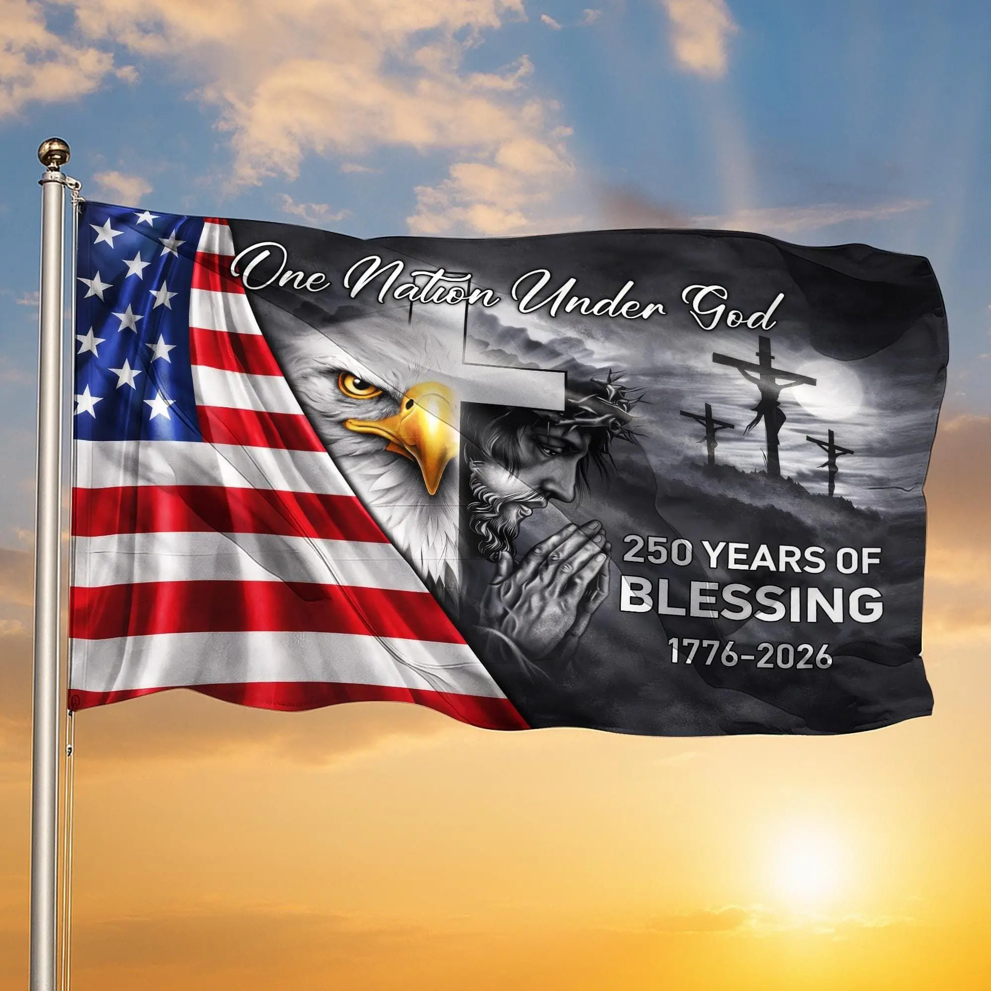 United States of America 250 Years Flag, American Christian Cross US House Flag, Christian Patriotic  Eagle  1776–2026 House Flag