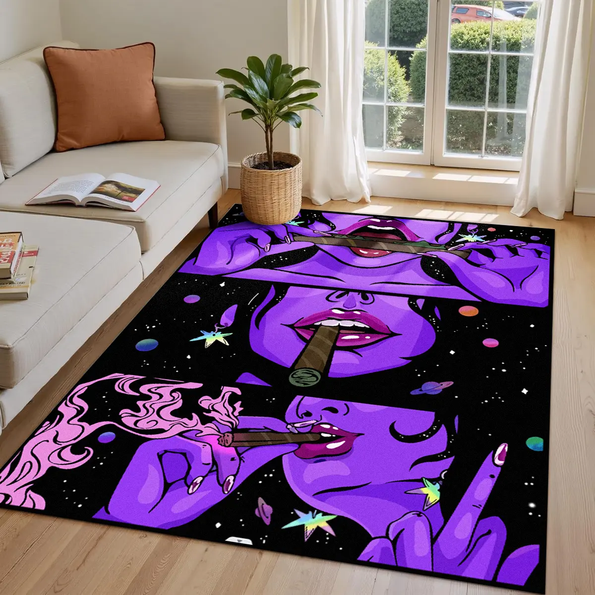 Sexy Woman Pattern Vibrant Artwork Rug Living Room Decoration Purple Printed Fashion Carpet Bedroom Non-slip Luxuriously Soft Decorative Area Rugs Machine Washable Floor Mats Home Decor Rug