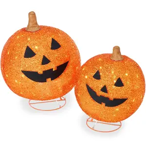 2Pc Lighted Pop-Up Outdoor Halloween Holiday Pumpkin Set W/ 130 LED Lights