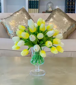 White Yellow Real Touch Tulip Centerpiece Footed Vase