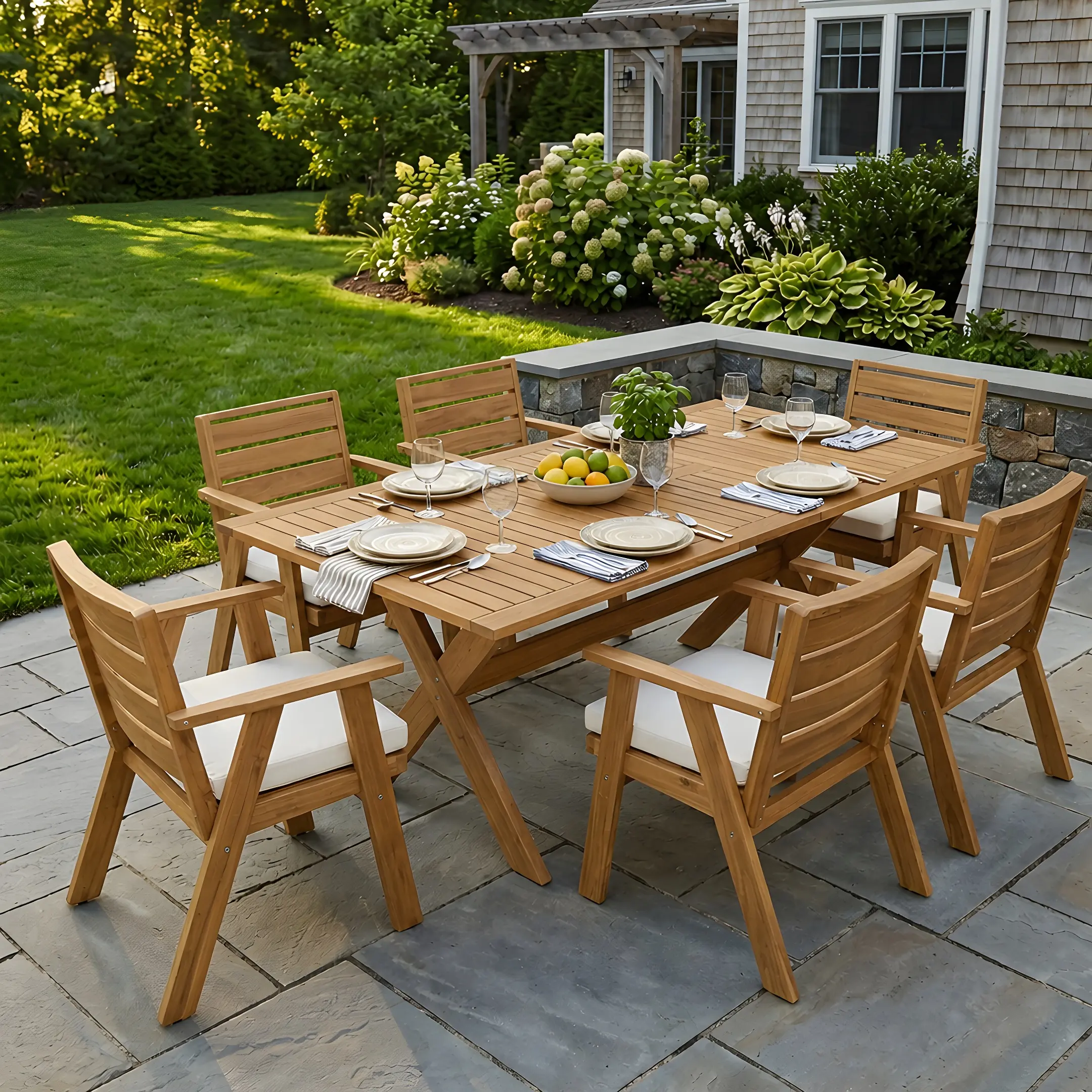 7-Piece Acacia Wood Outdoor Dining Set with Expandable Table & Cushioned Chairs, Teak Finish, for Patio, Garden, Deck
