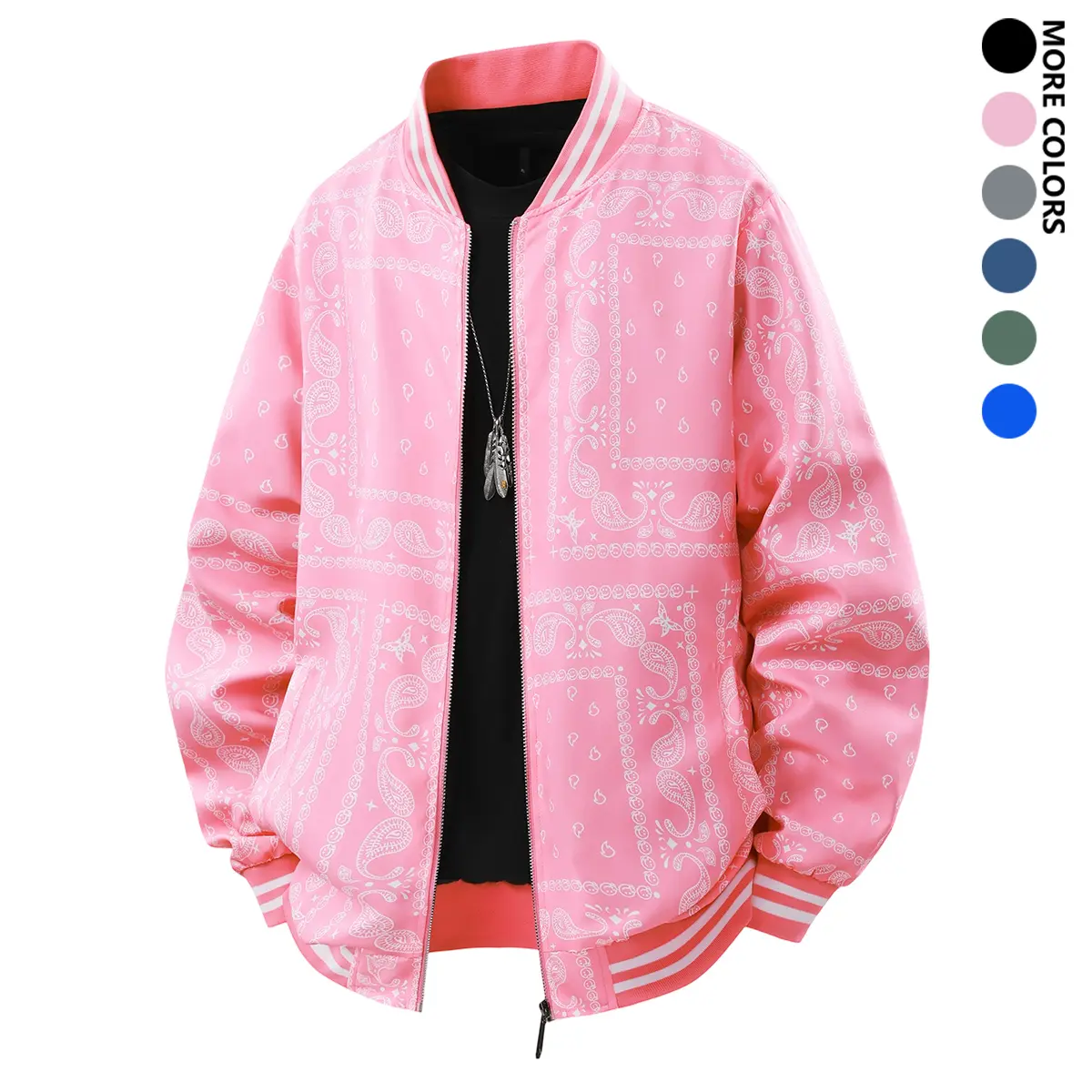 Men's Geometric Pattern Long Sleeve Loose Baseball Jacket - Menswear Coats with Ribbed Collar, Cuffs, Hem for Retro Vibe, Lightweight Breathable Fabric for Casual Wear, City Walks, Baggy, Male, Oversize, Street Chic, Easy Care, Tops, Minimalist, Basic, Ri