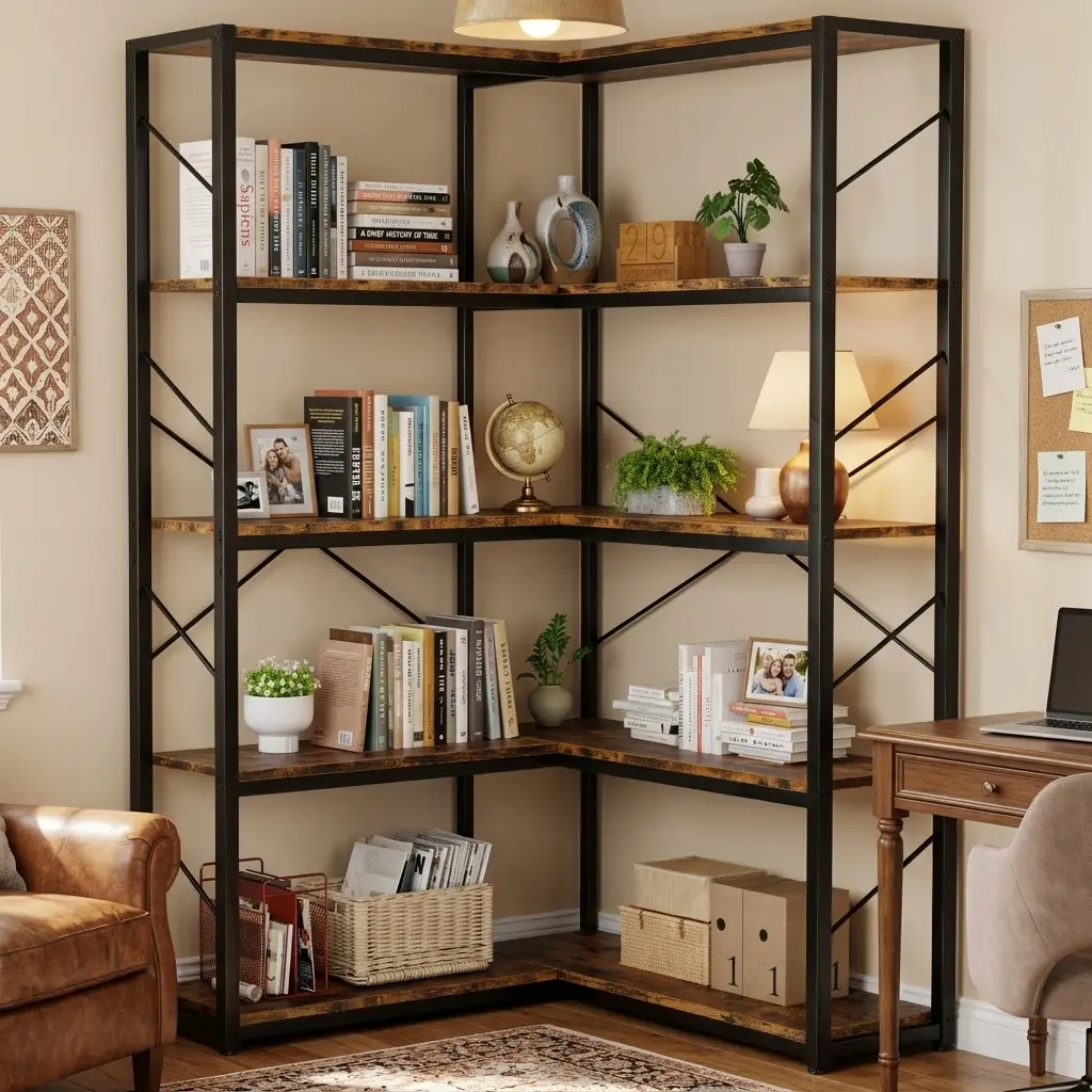 Walsunny 5 Tier Corner Bookshelf, L Shaped Modern Corner Bookcase, Large Open Shelf Plant rack with Metal Frame and Wooden Board, Adjustable Feet, Tall Bookshelves Storage Display Rack for Bedroom, Living Room and Home Office, Vintage, Grey
