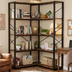Walsunny 5 Tier Corner Bookshelf, L Shaped Modern Corner Bookcase, Large Open Shelf Plant rack with Metal Frame and Wooden Board, Adjustable Feet, Tall Bookshelves Storage Display Rack for Bedroom, Living Room and Home Office, Vintage, Grey
