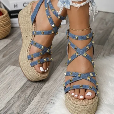 Mily Denim Open Toe Heart Sandals Handmade Jute Platforms with Gold Details Adjustable Buckle Closure Summer Comfort 7 cm Height