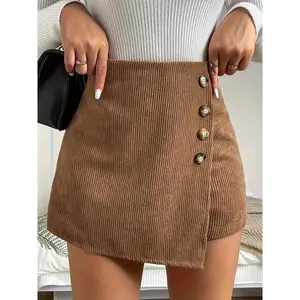 Elegant High Waist Button Front Asymmetrical Hem Women's Skort, Short Style Back Skort