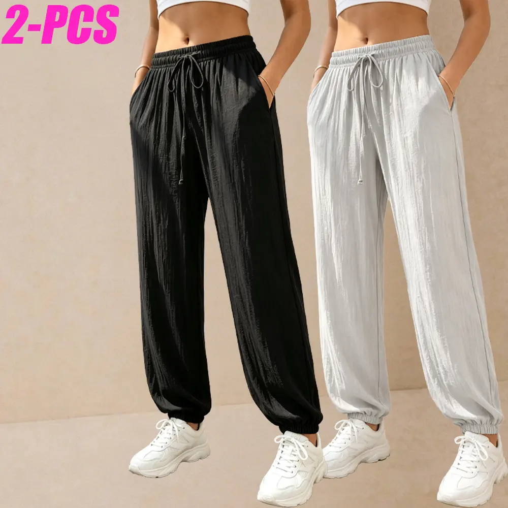 2-pack women’s joggers with a linen texture and drawstring; a must-have for slightly fuller figures. High-stretch, loose jogger pants with side pockets—breathable and lightweight summer casual beach workout pants.