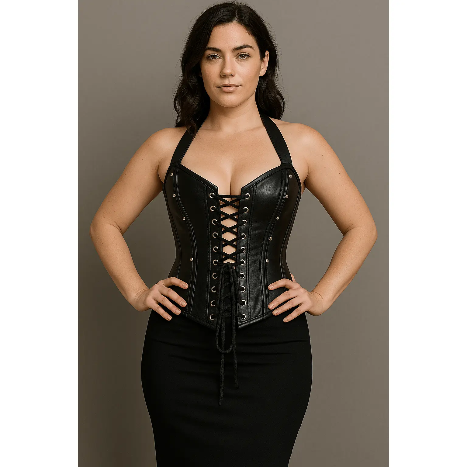 Black Leather Over Bust Corset with Shoulder Straps