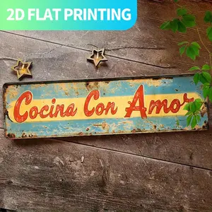 2D Flat, 1pc Spanish "Cocina Can Amar" (Cooking Can Be Loved) Vintage Metal Kitchen Sign - Turquoise & Golden Retro Spanish Lettering - Turquoise & Golden Distressed Rustic Farmhouse Decor - Large 15.7x3.9 Inch (40x10cm) - Pre-Drilled Holes for Easy Hangi