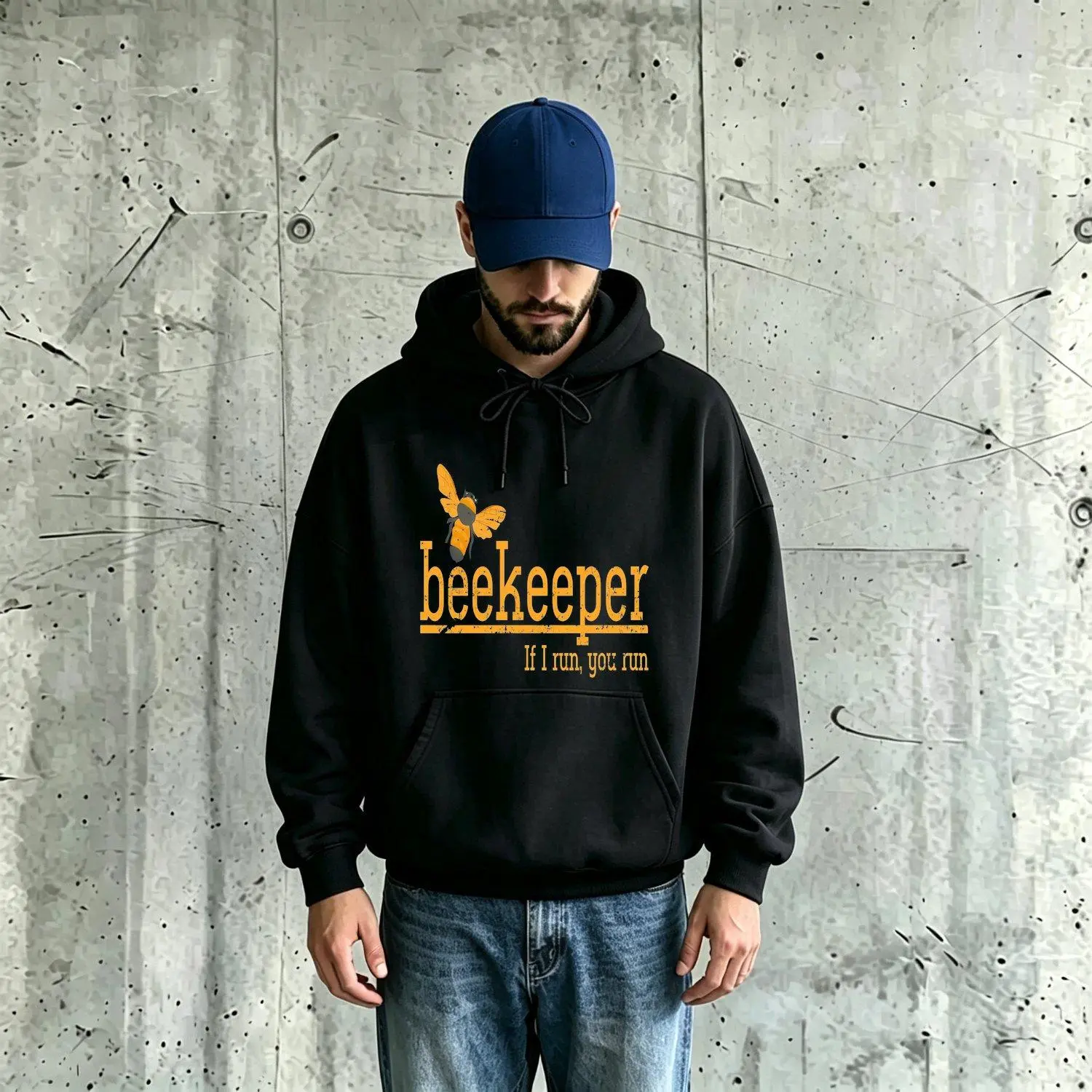 Funny Beekeeper with Bee Beehive Print and Beekeeper Text Pullover Hoodie Kangaroo Pocket Casual Beekeeping Costume or Honey Lover Gift Men’s Hooded Sweatshirt
