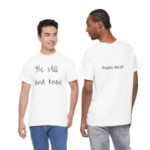 Men's Cotton Short-Sleeve Knit T-Shirt - Soft, Drapey, Breathable Round Neck Top with Psalm 46:10 "Be Still and Know" Scripture, Casual Menswear for Layering