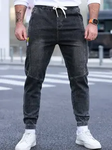 Men's Jean Cargo Pants, Elastic Waist Drawstring Design, Vintage Wash Soft Stretch Summer Streetwear, Casual Loose Fit Jeans
