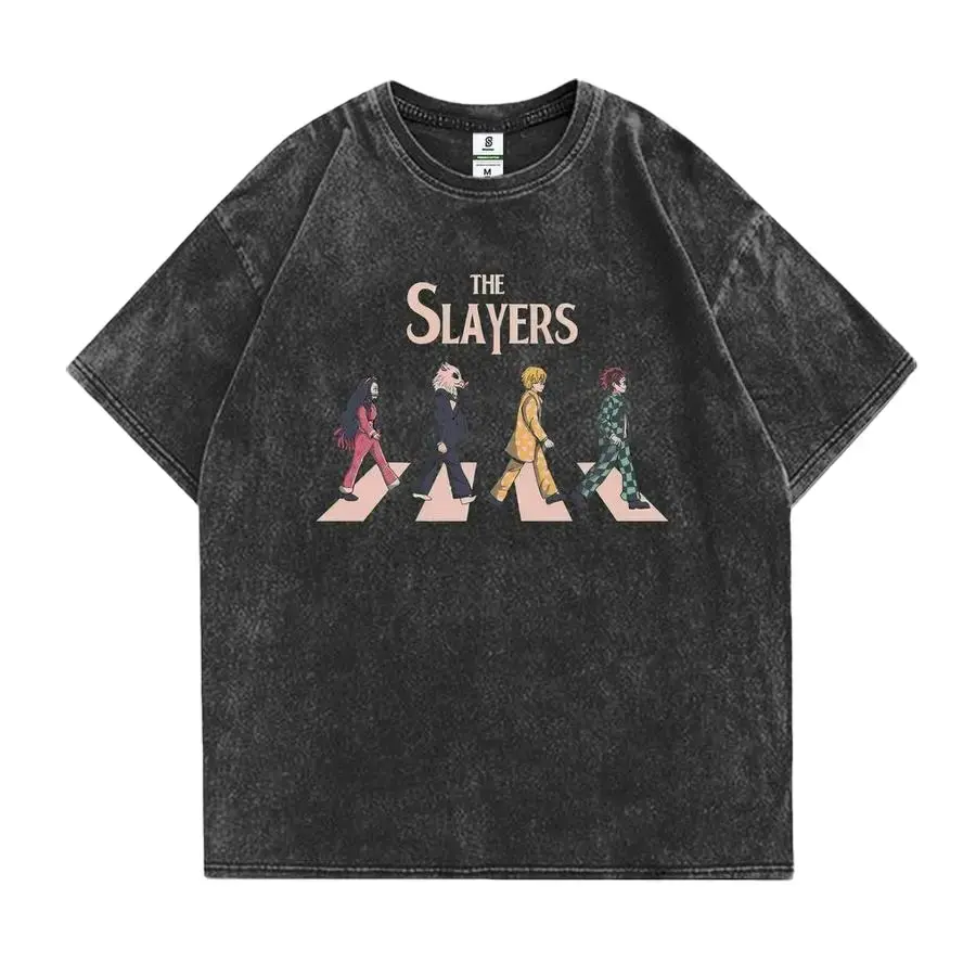 Men's Oversized Demon Slayer T-Shirt - Classic Round Neck Short-Sleeve Casual Top, Tanjiro Nezuko Zenitsu Inosuke Graphic, Vintage Acid Wash Streetwear, Abbey Road Crosswalk Parody, Heavyweight Cotton Harajuku Unisex Apparel, Death Note Inspired