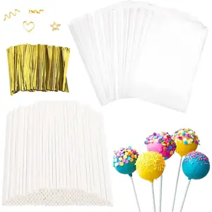 600 Pcs Cake Pop Sticks and Wrappers Kit, Including 6 Inch Paper Lollipop Sticks，4 x 6 Inches Clear Candy Treat Bags, Plastic Cake Pop Bags and Gold Twist Ties Chocolate Pops Making Accessories