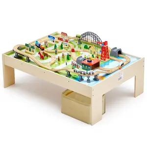 VEVOR Train Table, 62 Multicolor Pieces Wooden Kids Activity Table with Large Storage Drawer, 3-in-1 Wooden Train Set for Playing, Drawing, Reading, Eating, Creative Toy Set for Kids Ages 3+
