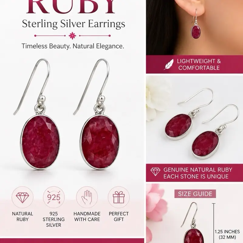 925 Sterling Silver Handmade Oval Shape Natural Ruby Gemstone Drop Earrings - Ideal Gift Ideas for Jewelry Lovers
