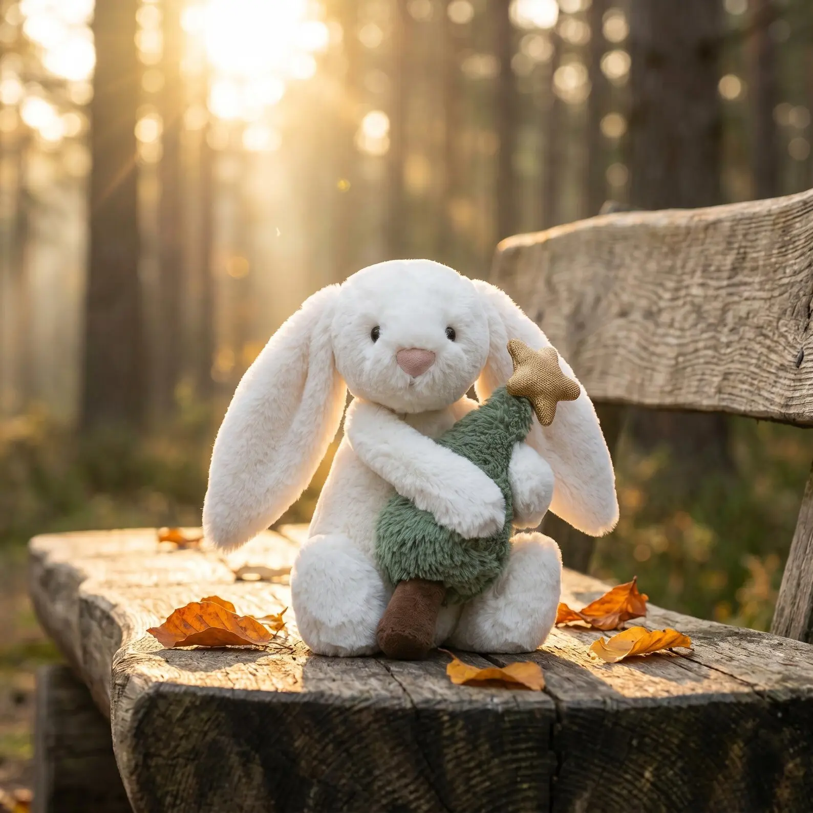 Cute White Bunny Plush Toy with Green Scarf | Soft Kawaii Rabbit Stuffed Animal Doll, Cozy Easter Gift, Baby Gift, Nursery Room Decor