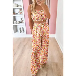 Pink Boho Floral Bandeau Top and High Waist Wide Leg Pants Set