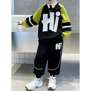 (New)Boys' 2pcs Set, Spring/Autumn Mid-Large Kids' Sporty Casual Comfortable Foam Printed Letter Pattern Raglan Sleeve Color-Block Sweatshirt + Casual Elastic Waist Side Pocket Pants Two-Piece Set, Perfect for Outdoor
