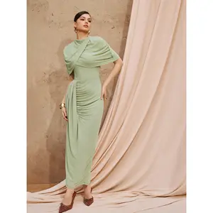 Cider Mesh High Neckline Asymmetrical Ruched Cloak Sleeve Mermaid Maxi Dress Dealsforyou