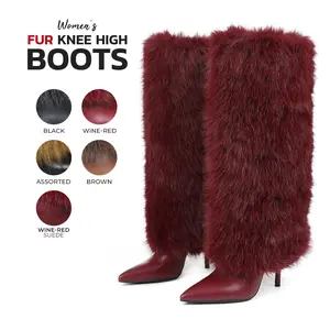 Womens Fur Boots Knee High Furry Fuzzy Pointed Toe Stiletto High Heel Side Zipper Fold Over Wide Calf Comfortable Fashion Party Dress Evening Date Casual Prom Elegant Tall Modern Trendy Boots