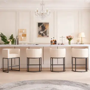 New 26" Counter Height Bar Stools 1 2 3 4 Pcs Modern Barrel Back Armrest Barstools Black Metal Frame Linen Upholstery Beige Gray Black Kitchen Island Must Haves