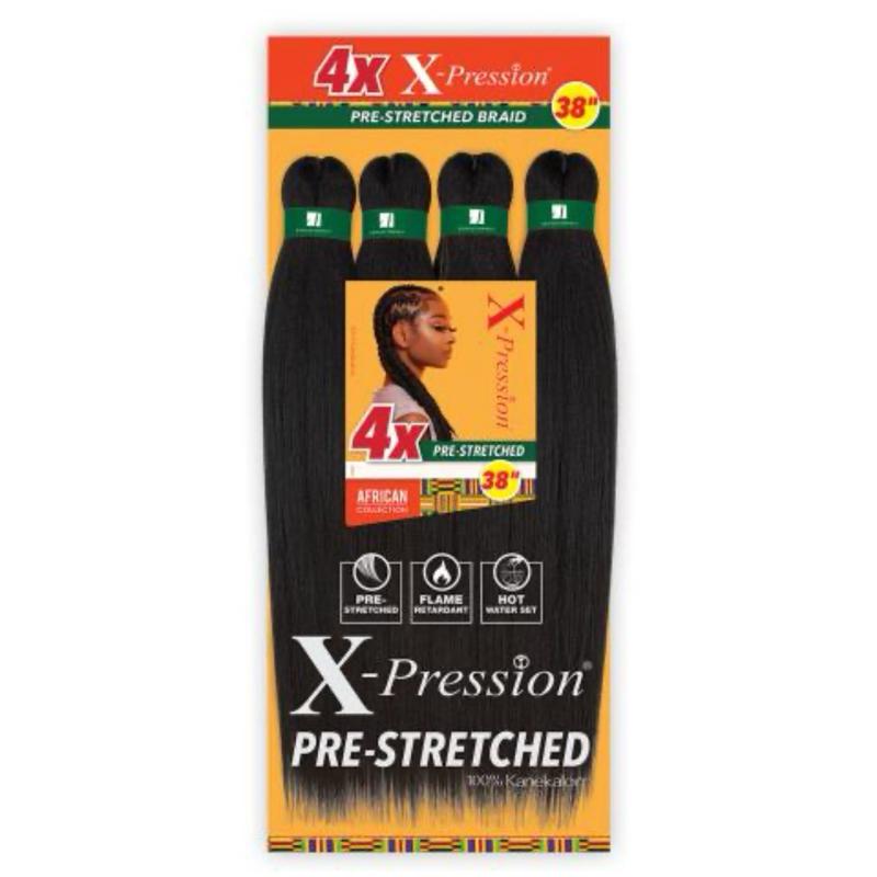 Sensationnel X-Pression 4X Pre-Stretched Braid 38" African Collection - Synthetic Braiding Hair, Flame Retardant, Hot Water Set, 4X Multi-Pack