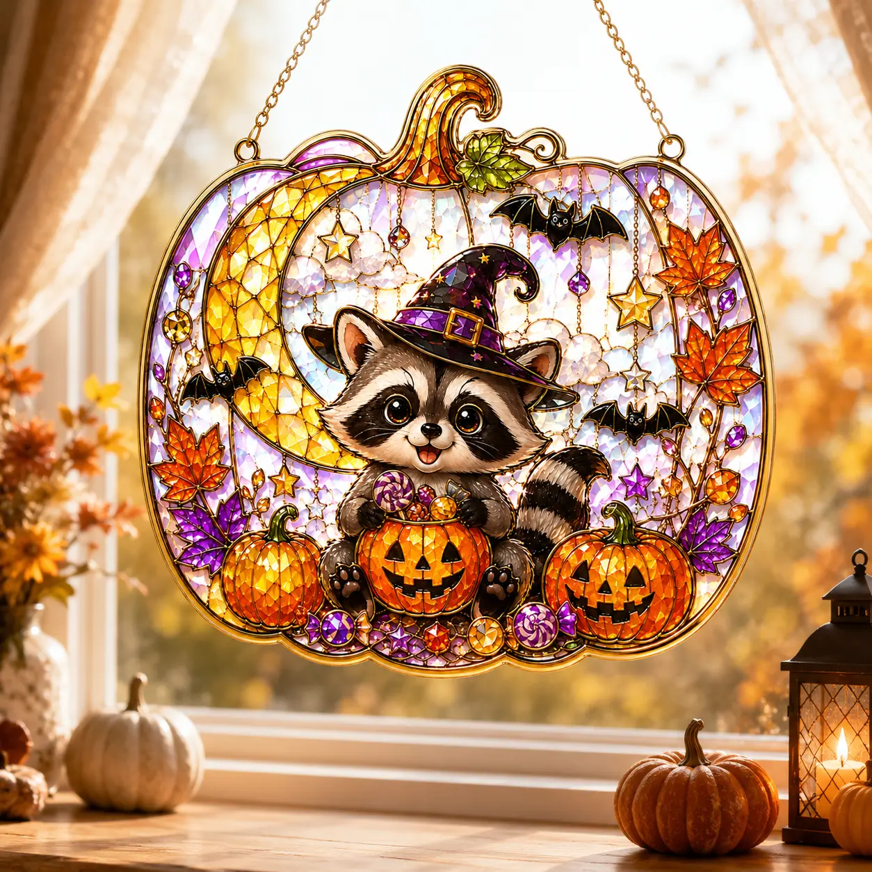 Halloween Raccoon Stained Glass Pumpkin Ornament with Witch Hat and Jack-o'-Lanterns for Festive Decor