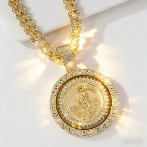 14K Gold Plated Saint Mortule God of Death Pendant Necklace Rotating Bohemian Religious Medal Jewelry with 3A Unisex for Men & Women Christmas Easter Gift Year Round Wear