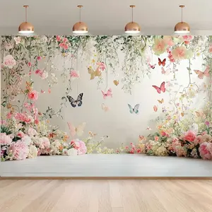 1PC,2D Flat Floral Butterfly Festival Backdrop, Romantic Theme for Birthday Party, Wedding & Event Decoration, High - Definition Printed, Easy - to - Install, Ideal for Photography & Live St