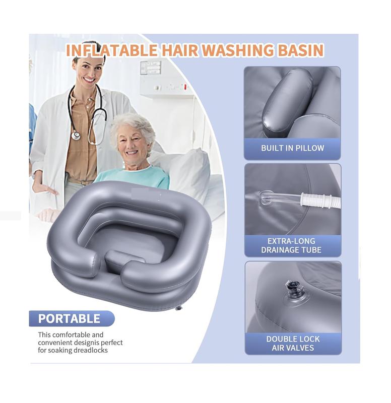 Inflatable Shampoo Basin for Bedridden, Disabled, and Injured - Portable Hair Washing Tub for Dreadlocks and Sink Washing (Silvery)