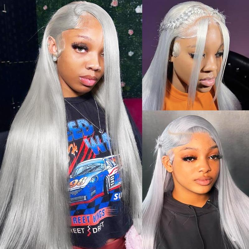 Wear and Go Silver Grey Lace Front Wig 13x4 Silver Synthetic Wig Pre Plucked Small Knots Ready to Wear Long Straight Gray Glueless Wigs For Women Suitable For Daily Party 32inch
