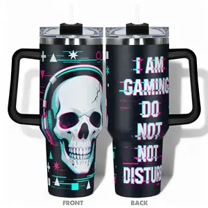 1pc 40ozCup Stainless Steel Tumbler With Gaming Skull with Headphones Design, Leakproof Large Capacity, Needed for Gym, Hiking, Travel Ideal Birthday Christmas Gift Perfect Gift,Birthday Gift for Gamer Boys & Men,Large Capacity Mug