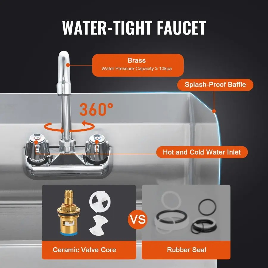 VEVOR Commercial Hand Sink with Faucet and Side Splash, Stainless Steel Sink for Washing, Small Hand Washing Sink, Wall Mount Hand Basin for Restaurant, Kitchen, Bar, Garage and Home, 17x12.8 inch